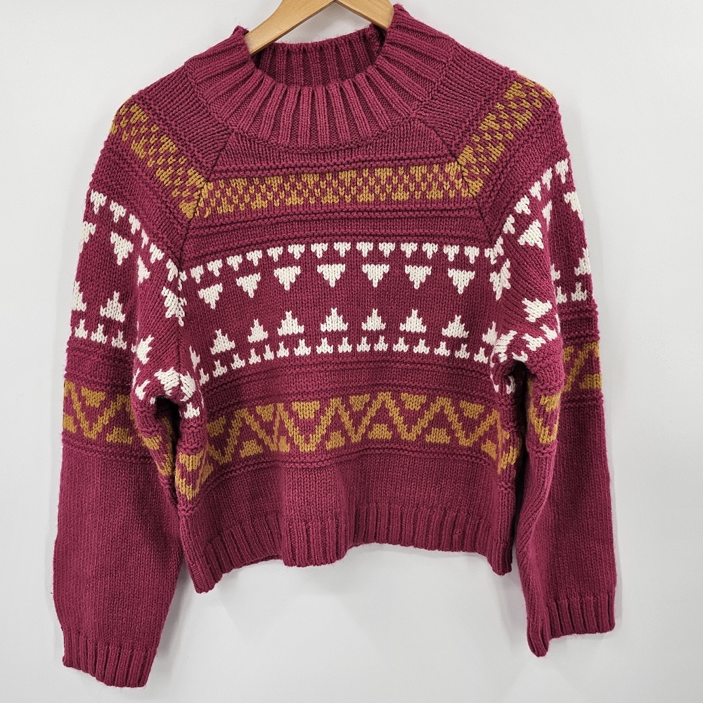 Universal Thread Magenta Fair Isle Knit Sweater with Mustard & Cream Accents